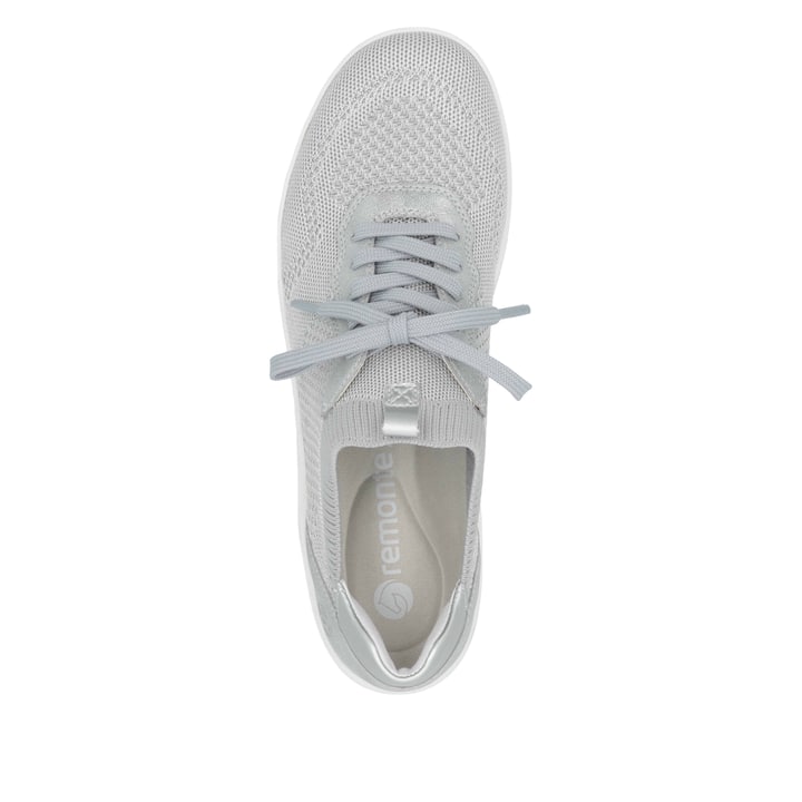 Graue remonte Damen Slipper D1E05-40 mit einem Gummizug sowie der Komfortweite G. Schuh von oben.