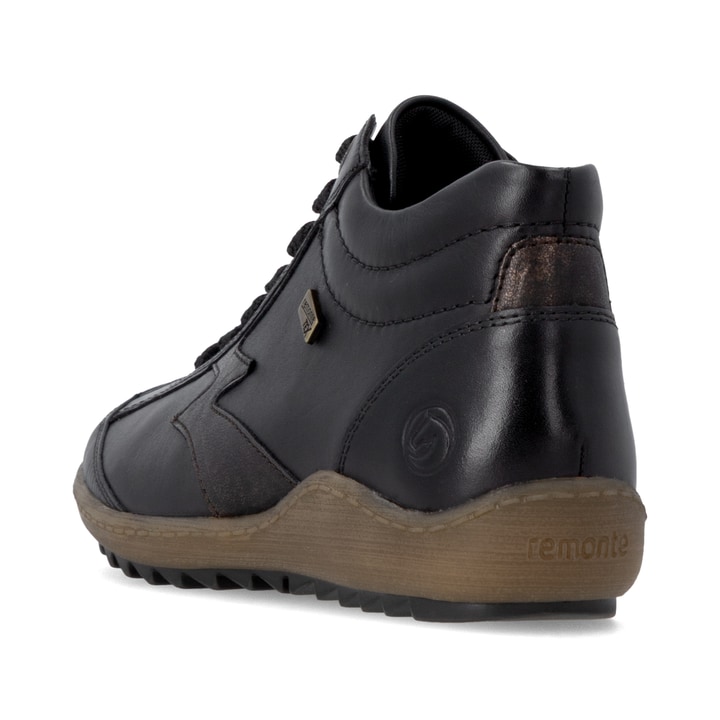 Schwarz-bronzene remonte Damen Schnürstiefel R1454-03. Schuh von hinten.