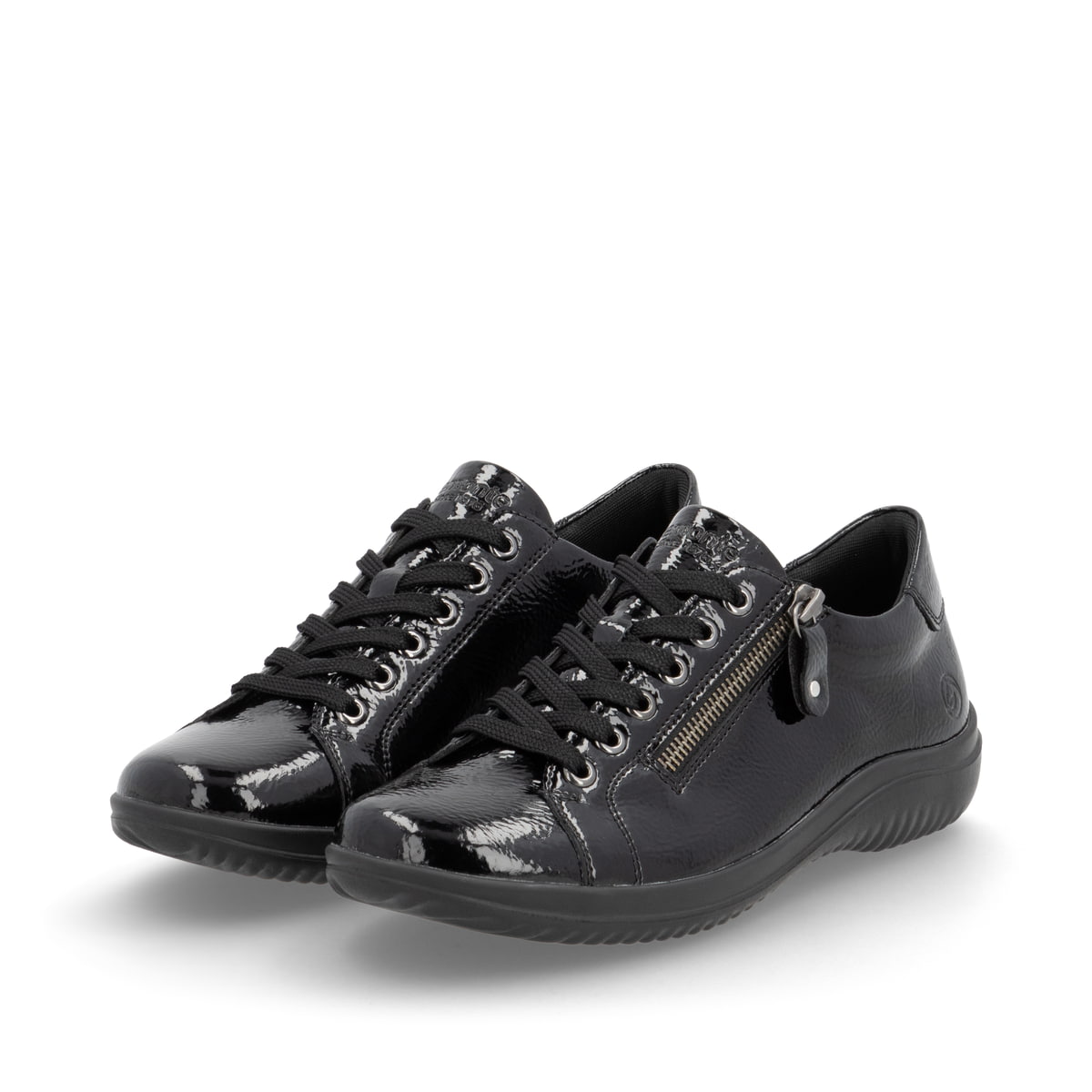 Schwarze remonte Damen Schnürschuhe D1E03-01 mit einem Reißverschluss. Schuhpaar seitlich schräg.
