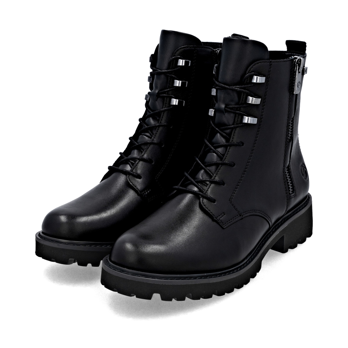 Schwarze remonte Damen Schnürstiefel D8656-00 mit wasserabweisender TEX-Membran. Schuhpaar seitlich schräg.