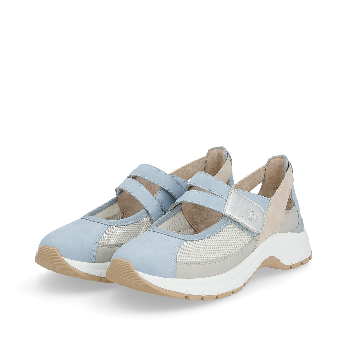 Blaue remonte Ballerinas D0G08-10 mit einem Klettverschluss sowie Extraweite H. Schuhpaar seitlich schräg.