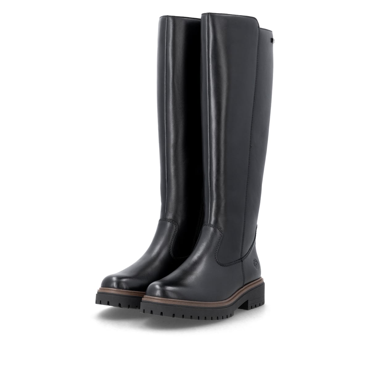 Schwarze remonte Hochschaftstiefel D4B71-00 mit wasserabweisender TEX-Membran. Schuhpaar seitlich schräg.