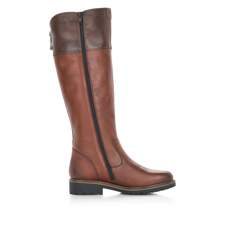 Karamellbraune remonte Damen Hochschaftstiefel R6581-22 mit einer Profilsohle. Schuh Innenseite