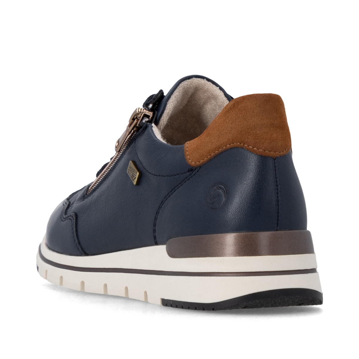 Dunkelblau-braune remonte Damen Sneaker R6716-14. Schuh von hinten.