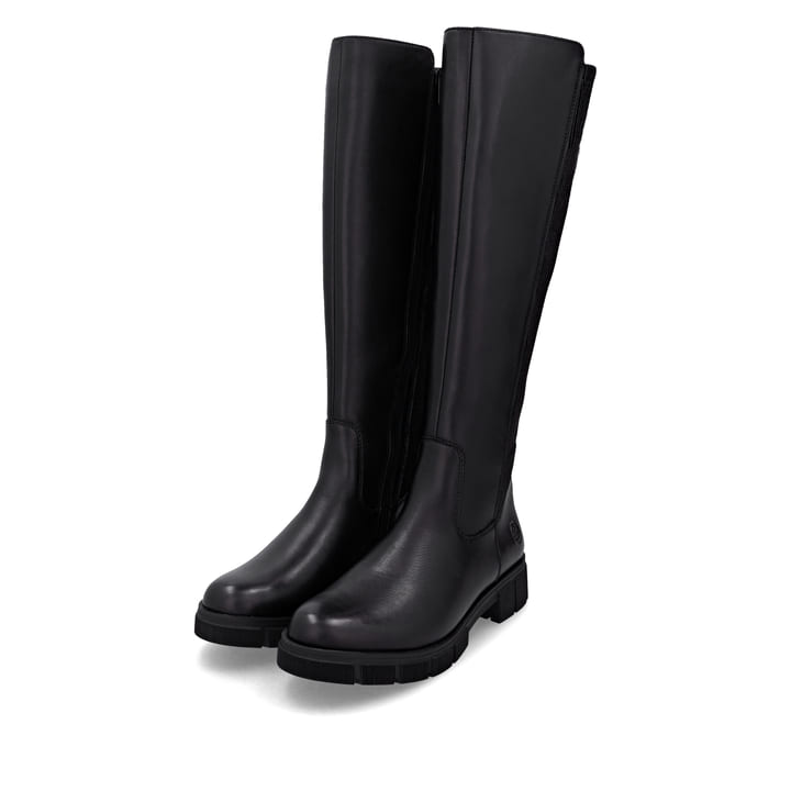 Schwarze remonte Hochschaftstiefel D2S74-00 mit einem Reißverschluss. Schuhpaar seitlich schräg.
