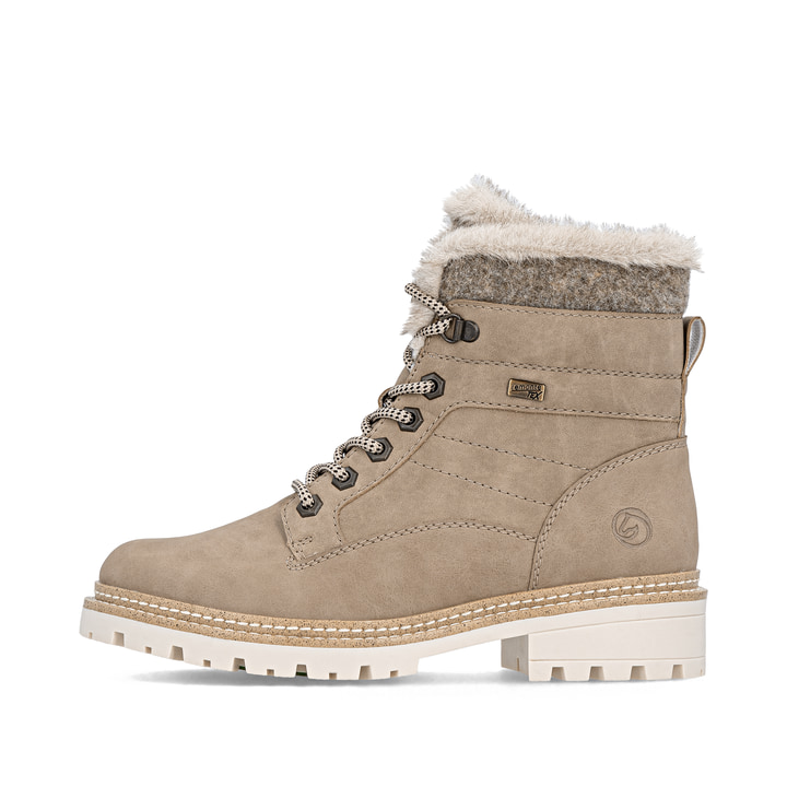 Camelfarbene remonte Damen Schnürstiefel D0B81-20 mit weichem Schaftrand. Schuh Außenseite.