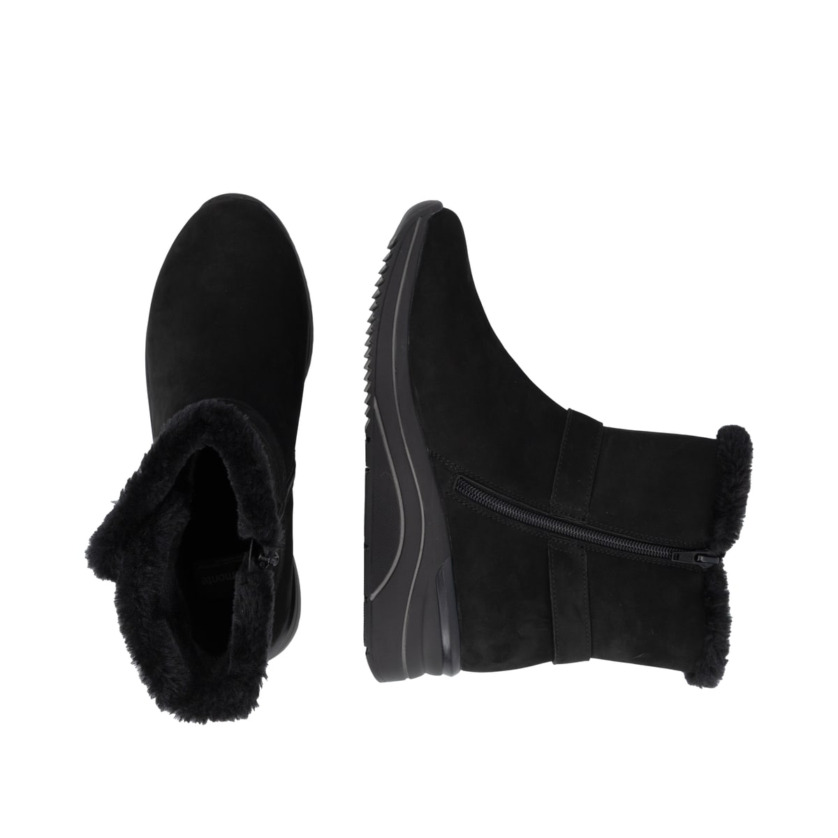 Schwarze remonte Damen Kurzstiefel D0T82-02 mit wasserabweisender TEX-Membran. Schuh von oben, liegend.