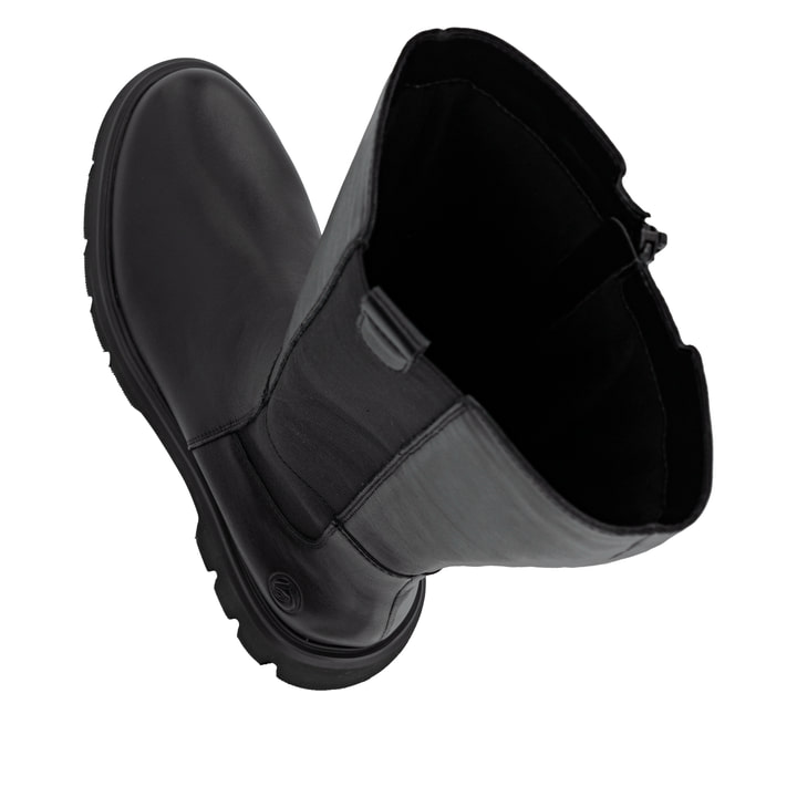 Schwarze remonte Hochschaftstiefel D1W80-00 mit einem Reißverschluss. Schuh von oben, liegend.