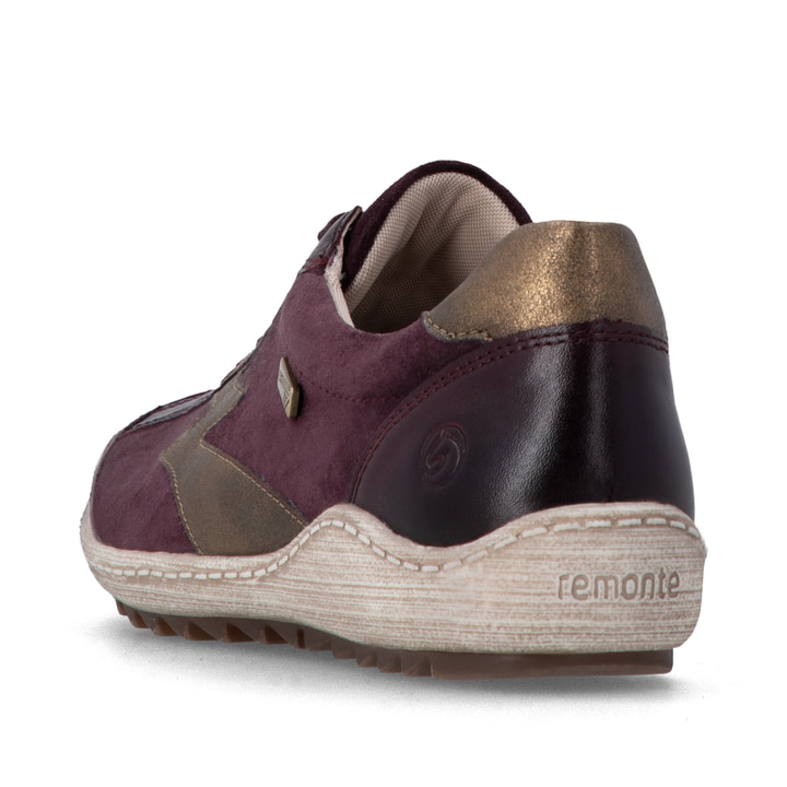 Weinrot-bronzene remonte Damen Schnürschuhe R1443-35. Schuh von hinten.