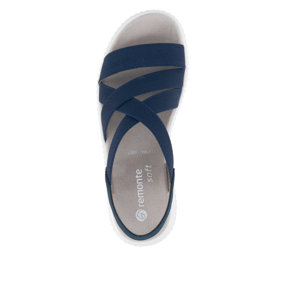 Blaue remonte Riemchensandalen D3L52-14 mit einem Gummizug sowie Extraweite H. Schuh von oben.
