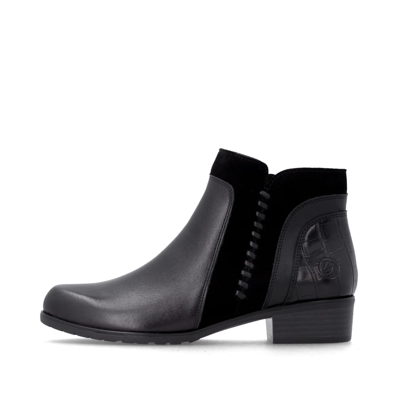 Stahlschwarze remonte Damen Stiefeletten D6893-02 mit stylischer Dekonaht. Schuh Außenseite.