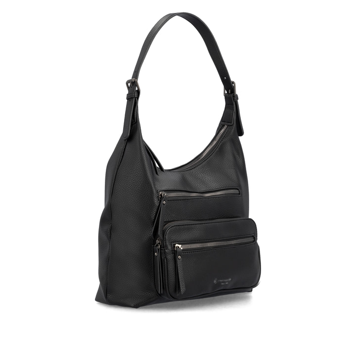 Sac bandoulière remonte Q0725-00 en noir avec un compartiment principal spacieux, fermeture éclair et deux poches extérieures. Côté gauche.