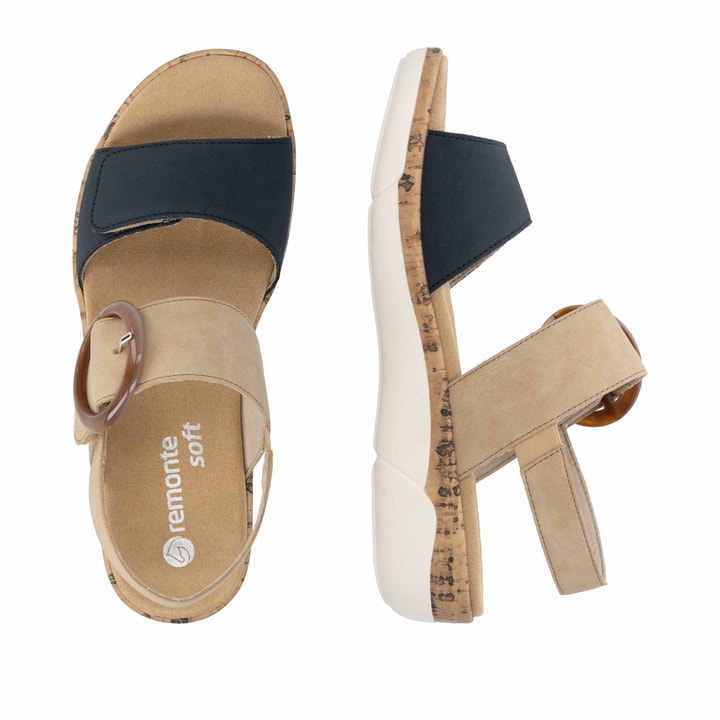 Beige remonte Riemchensandalen R6853-60 mit einem Klettverschluss. Schuh von oben, liegend.