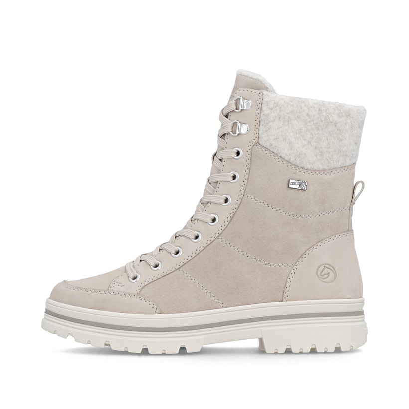 Beige remonte Damen Schnürstiefel D2U70-62 mit griffiger Glass-Fibre Sohle. Schuh Außenseite.