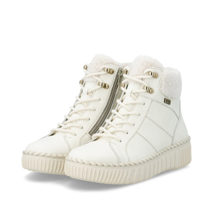 Weiße remonte Damen Schnürstiefel D4A74-80 mit wasserabweisender TEX-Membran. Schuhpaar seitlich schräg.