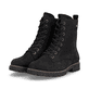 Schwarze remonte Damen Schnürstiefel D8489-02 mit wasserabweisender TEX-Membran. Schuhpaar seitlich schräg.