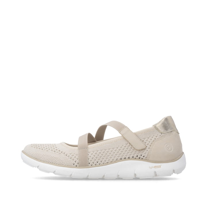 Ballerines remonte beiges pour femme D3G05-60 avec fermeture velcro. Côté extérieur de la chaussure.