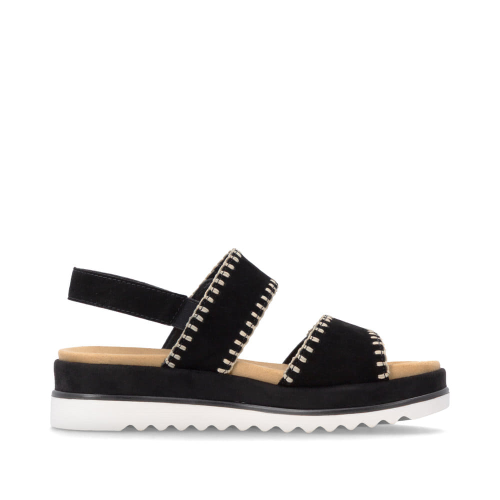 Schwarze remonte Riemchensandalen D3P50-02 mit handgestickten Nähten. Schuh Innenseite.