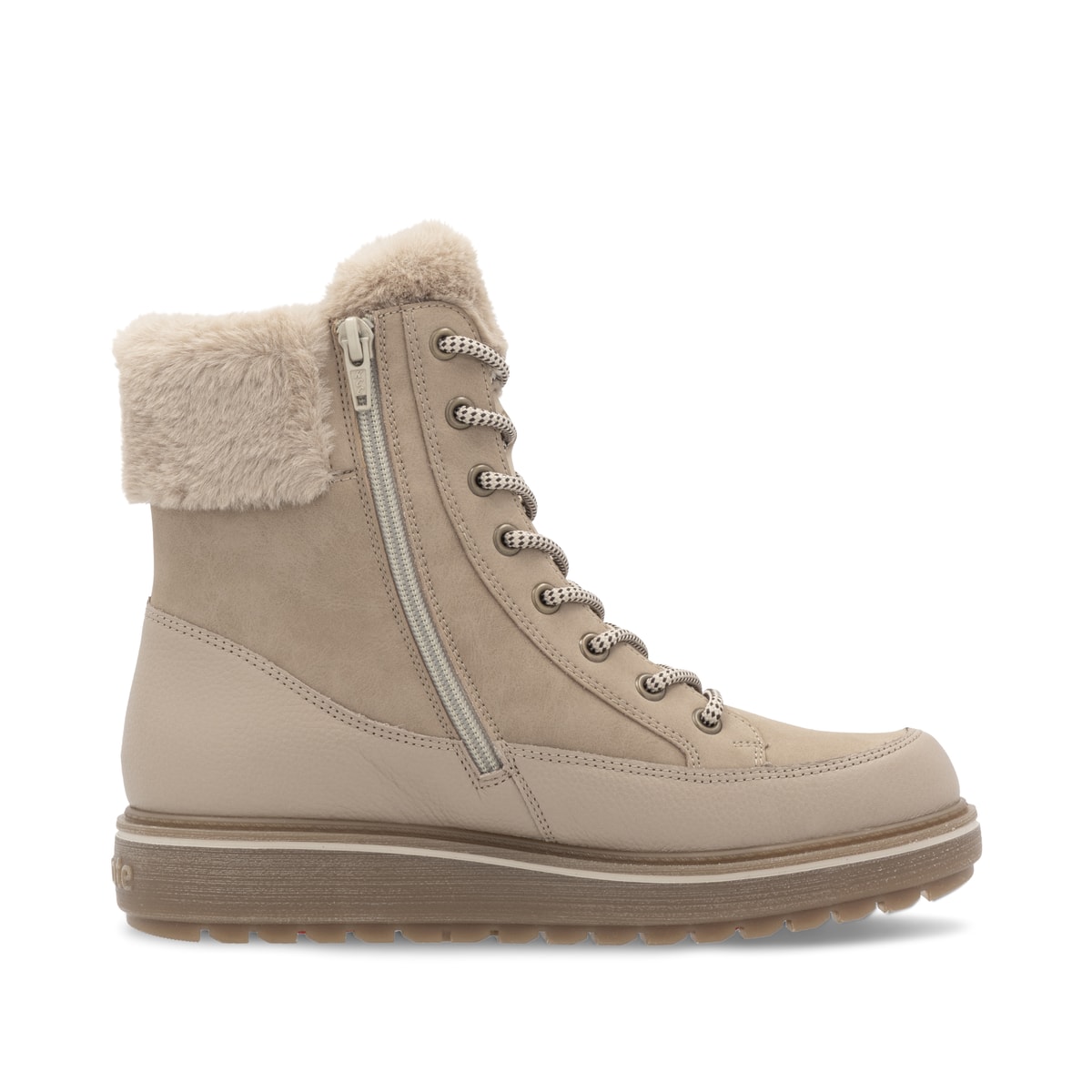 Braunbeige remonte Damen Schnürstiefel D0U78-20 mit Flip-Grip Sohle. Schuh von hinten.