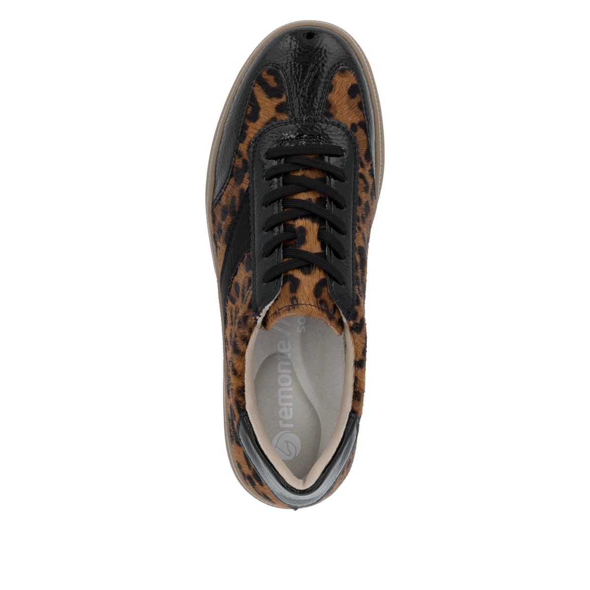 Schwarzbraune remonte Damen Sneaker D2C01-91 mit Leo-Print sowie einer Schnürung. Schuh von oben.