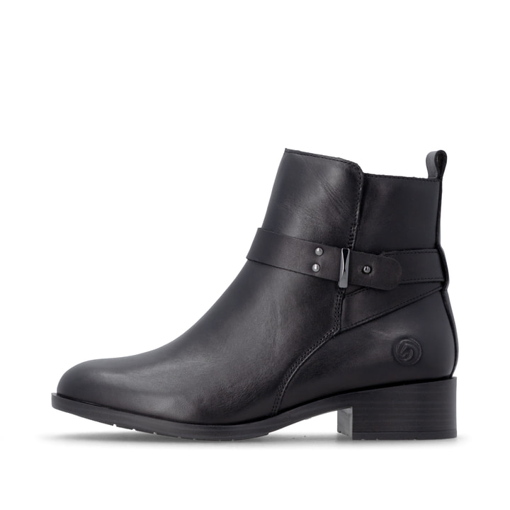 Schwarze remonte Damen Stiefeletten D3U72-00 mit einem Reißverschluss. Schuh Außenseite.