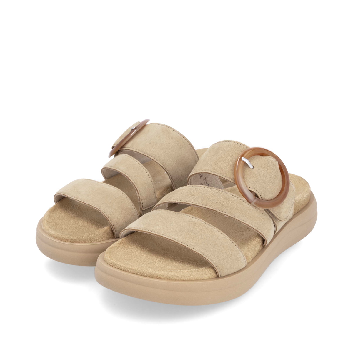 Beige remonte Damen Pantoletten D2N53-62 mit einem Klettverschluss. Schuhpaar seitlich schräg.