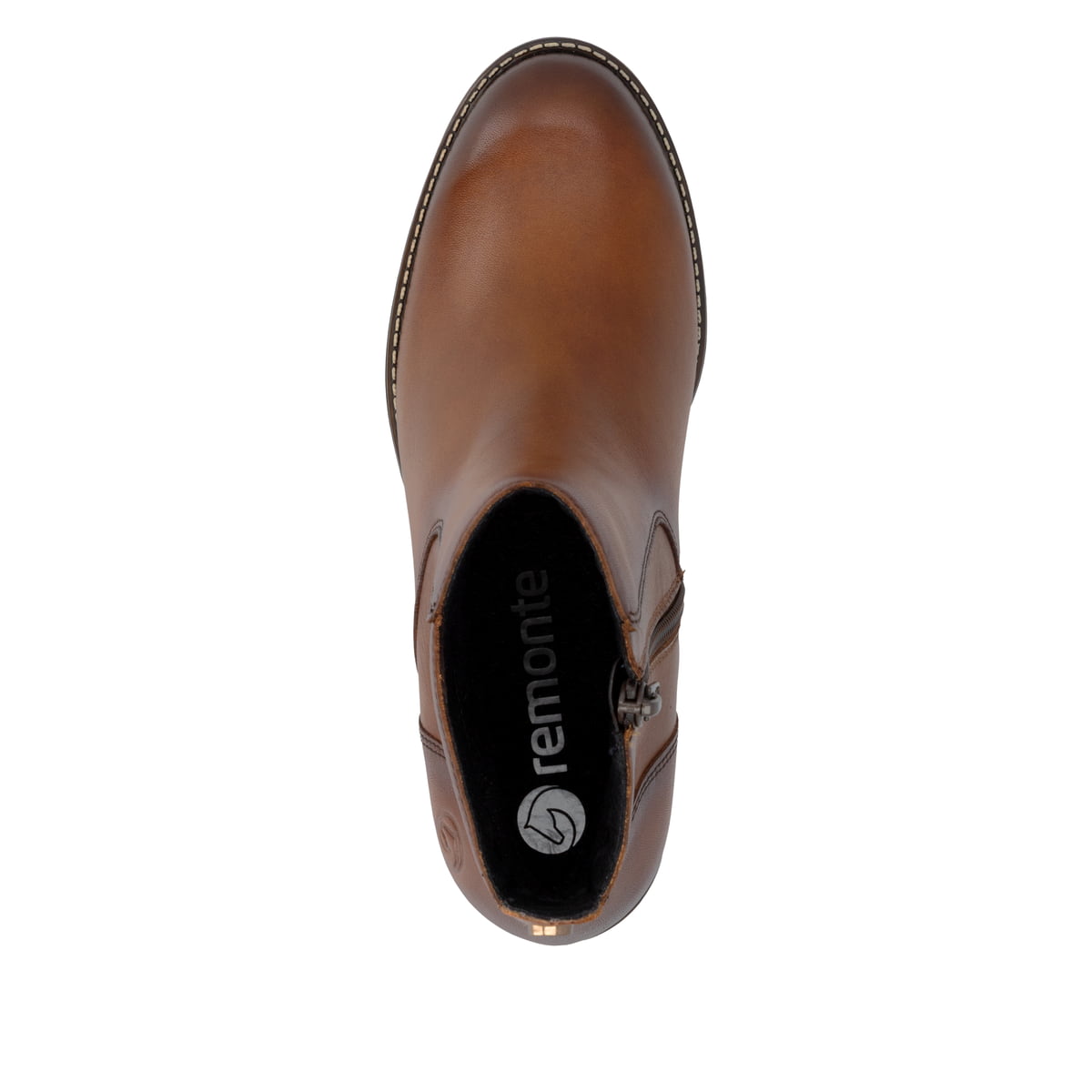 Braune remonte Damen Stiefeletten D2A81-24 mit einem Reißverschluss. Schuh von oben.