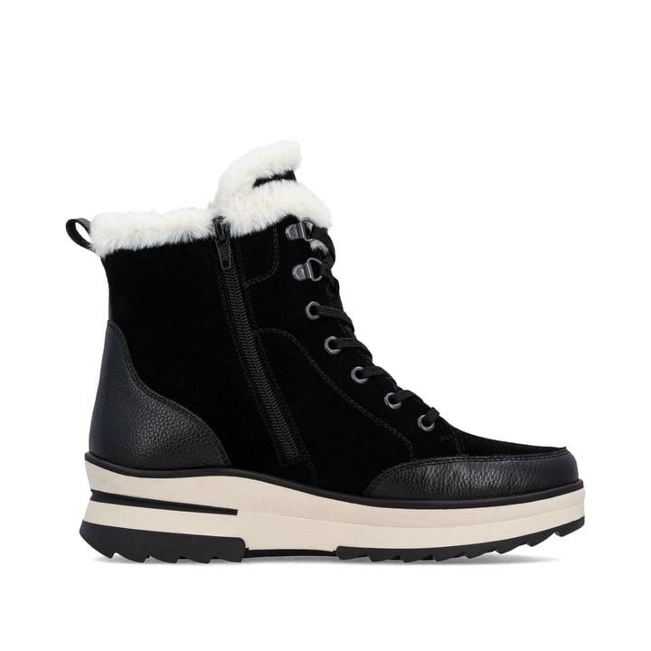 Schwarze remonte Damen Schnürstiefel D2B76-03 mit griffiger Glass-Fibre Sohle. Schuh Innenseite.