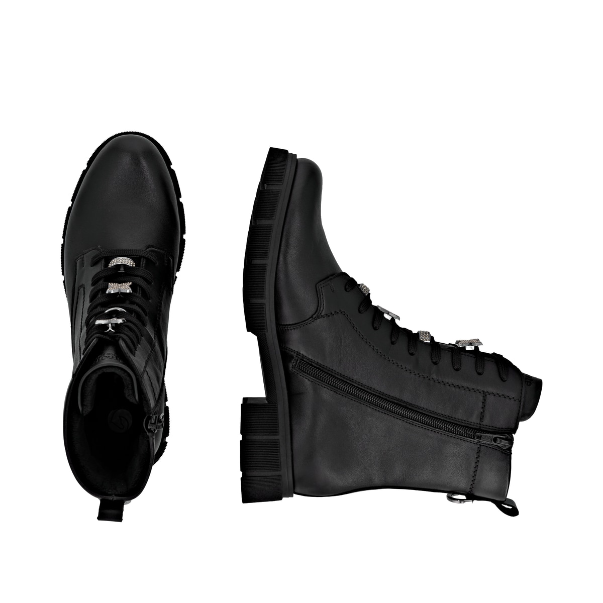 Schwarze remonte Damen Schnürstiefel D2S73-00 mit wasserabweisender TEX-Membran. Schuh von oben, liegend.