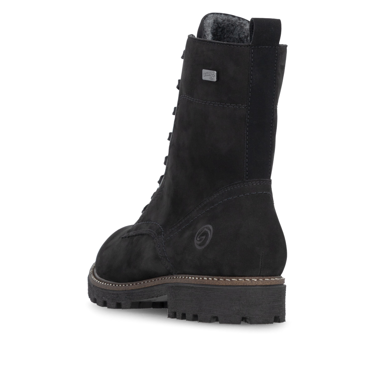Schwarze remonte Damen Schnürstiefel D8489-02 mit wasserabweisender TEX-Membran. Schuh von hinten.