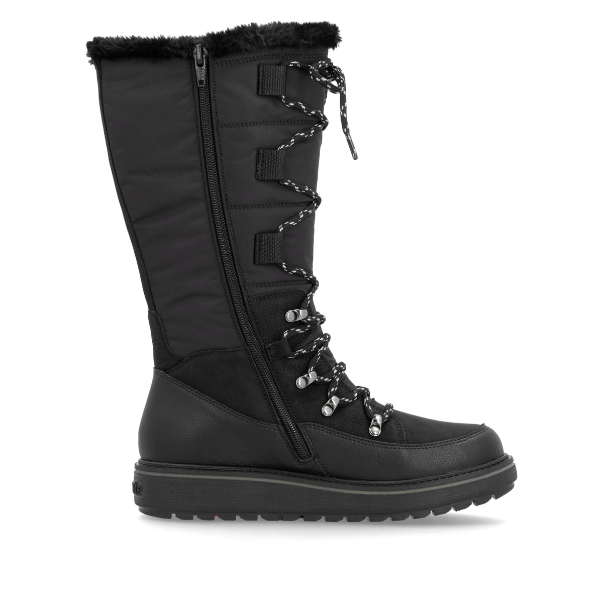 Nachtschwarze remonte Hochschaftstiefel D0U77-00 mit Flip-Grip Sohle. Schuh Innenseite.