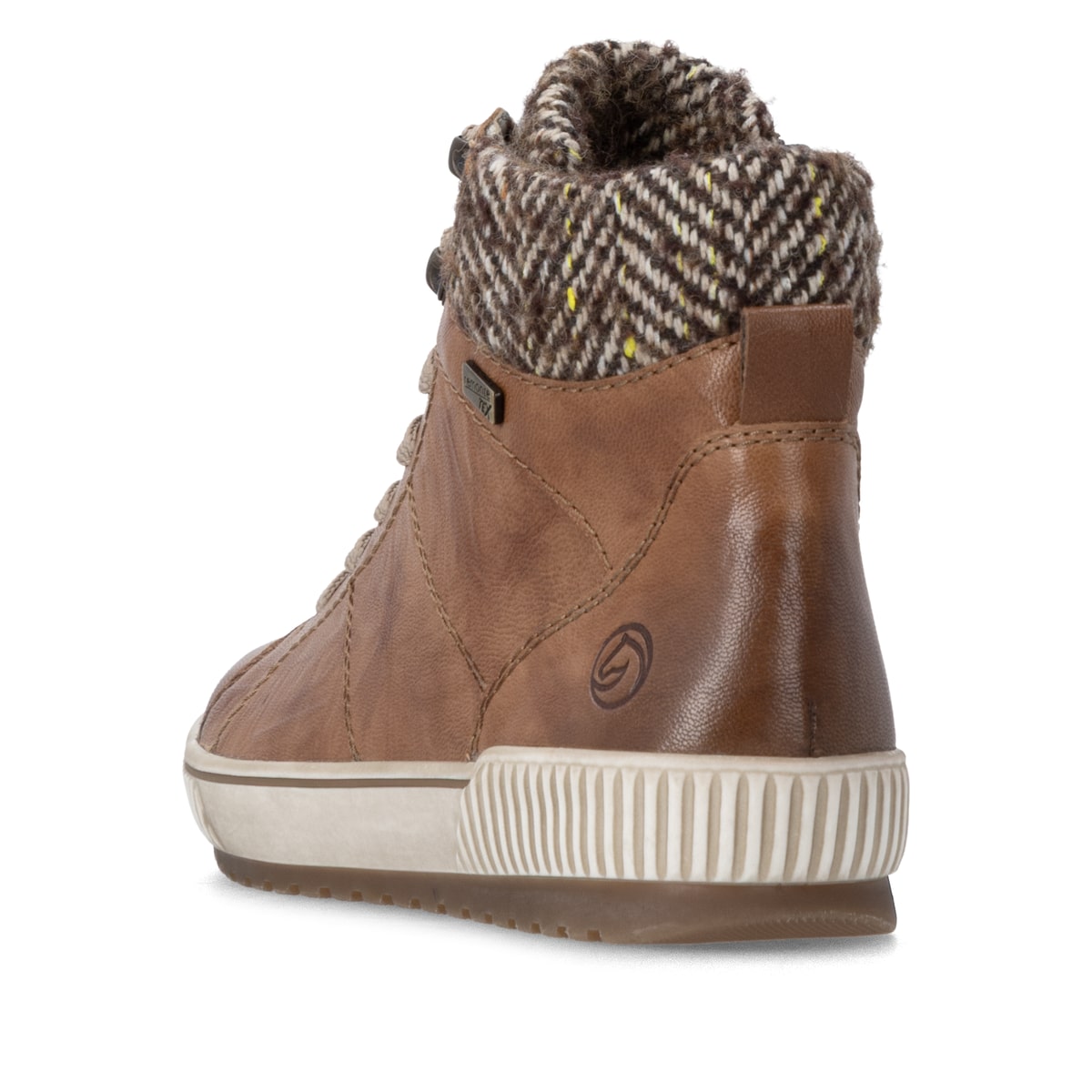 Cognacfarbene remonte Damen Schnürstiefel D0784-22. Schuh von hinten.