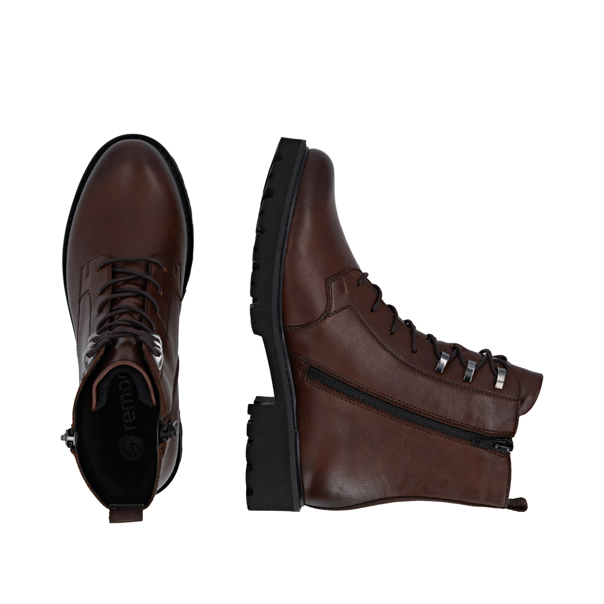 Braune remonte Damen Schnürstiefel D8656-25 mit wasserabweisender TEX-Membran. Schuh von oben, liegend.