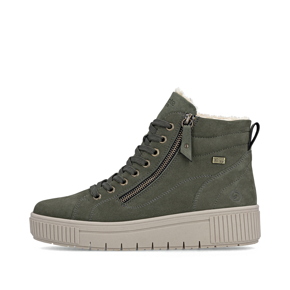 Grüne remonte Damen Kurzstiefel D3B71-54 mit wasserabweisender TEX-Membran. Schuh Außenseite.