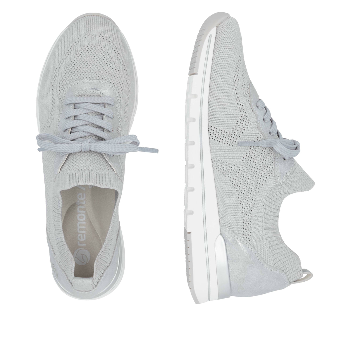 Graue remonte Damen Slipper R6712-40 mit einem Gummizug sowie der Komfortweite G. Schuh von oben, liegend.