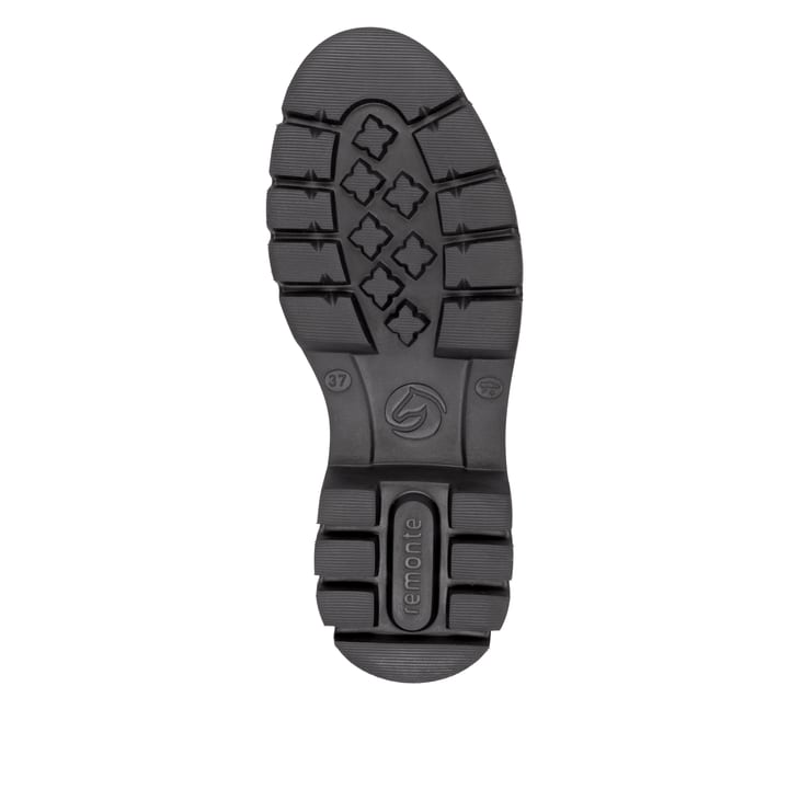 Schwarze remonte Hochschaftstiefel D1W77-00 mit einem Reißverschluss. Schuh Laufsohle.