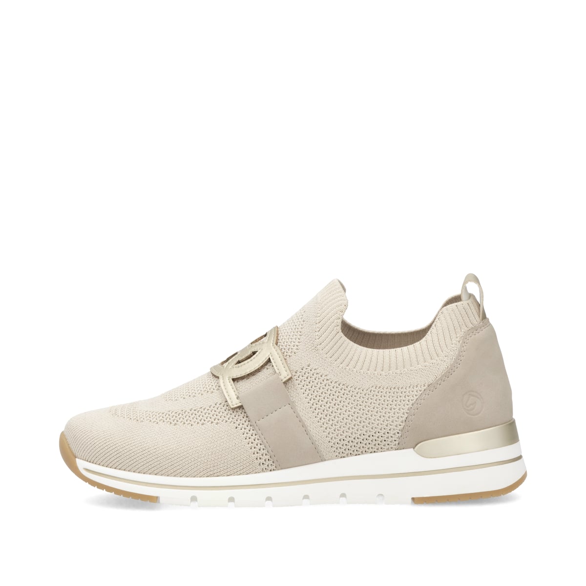 Beige remonte Damen Slipper R6713-60 mit einem Gummizug sowie der Komfortweite G. Schuh Außenseite.