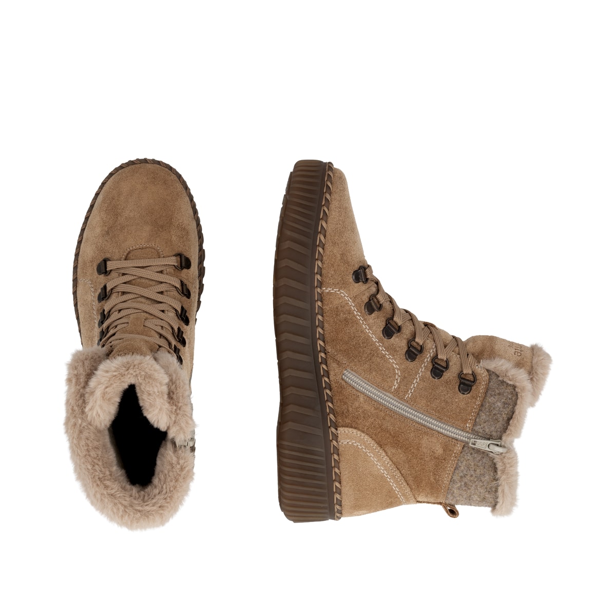Camelfarbene remonte Damen Schnürstiefel D4A70-20. Schuh von oben, liegend.