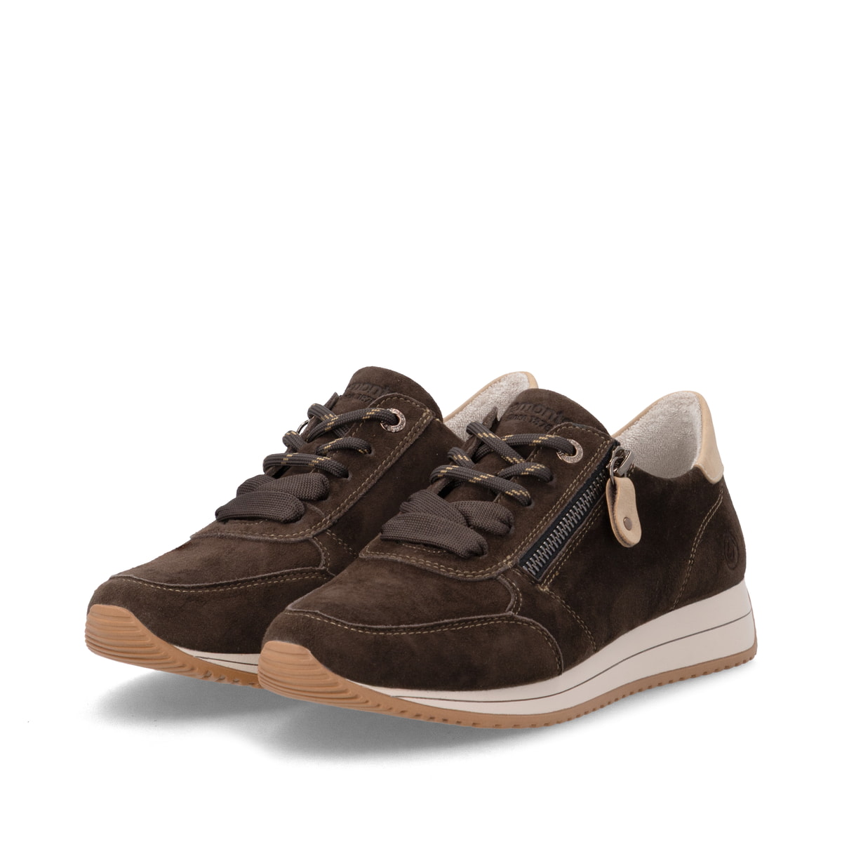 Dunkelbraun-beige remonte Damen Sneaker D0H19-25 mit einem Reißverschluss. Schuhpaar seitlich schräg.