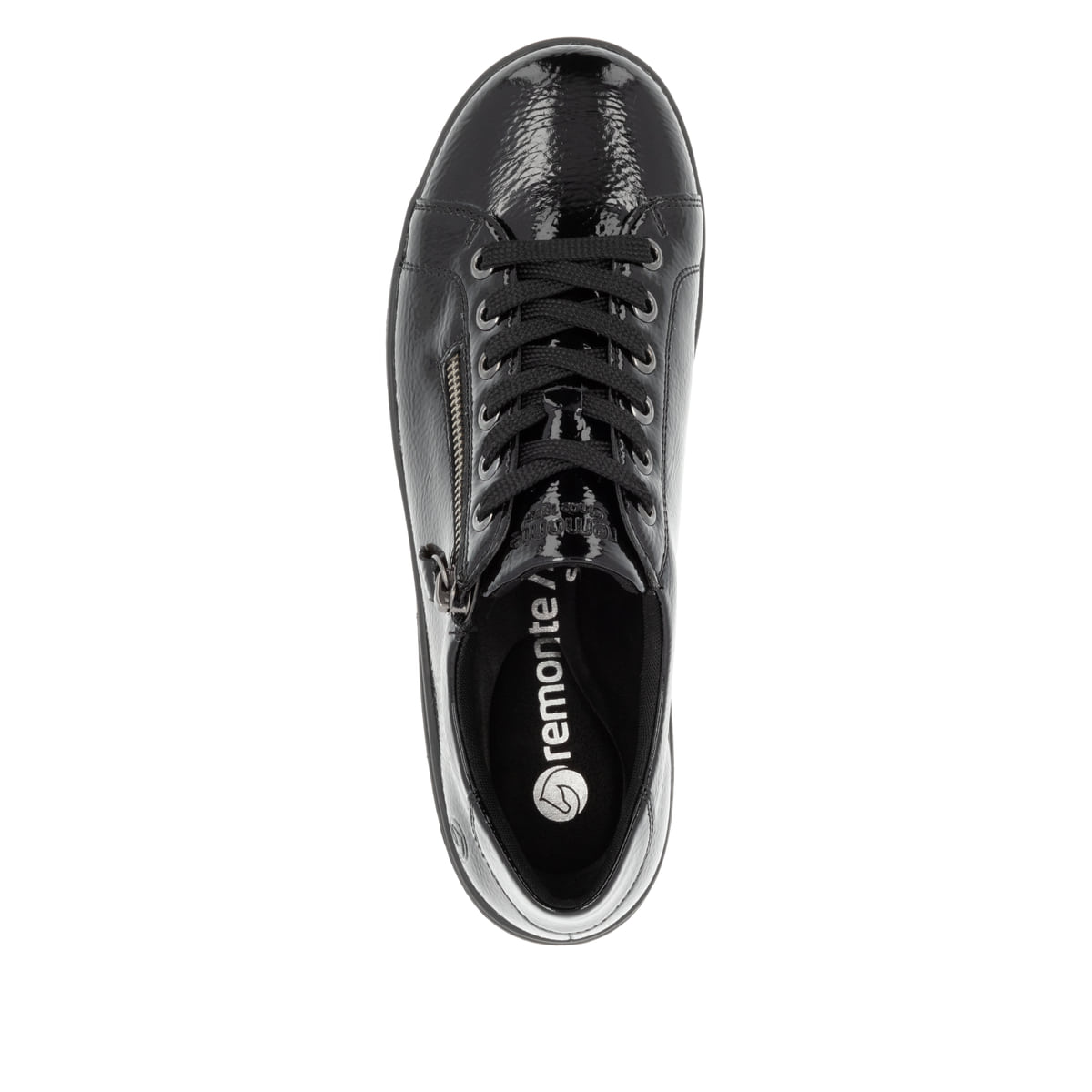 Schwarze remonte Damen Schnürschuhe D1E03-01 mit einem Reißverschluss. Schuh von oben.