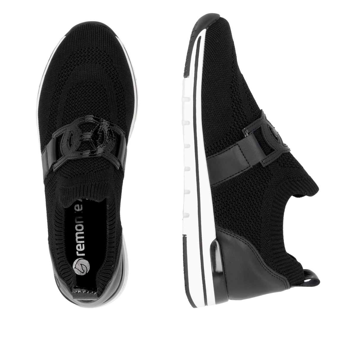 Schwarze remonte Damen Slipper R6713-00 mit einem Gummizug sowie Komfortweite G. Schuh von oben, liegend.