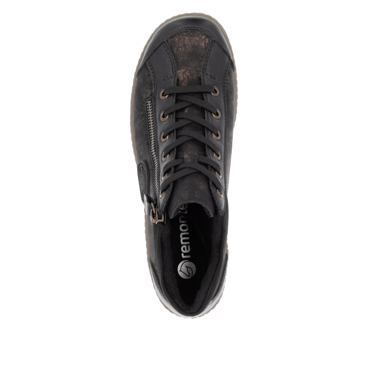Schwarz-bronzene remonte Damen Schnürstiefel R1477-90 mit einem Reißverschluss. Schuh von oben.