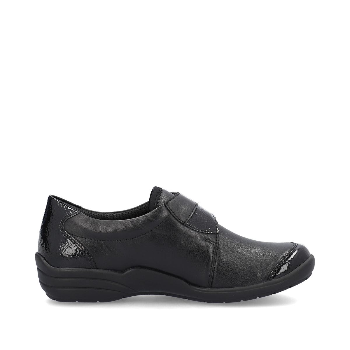 Mocassins remonte noirs pour femme R7600-04 avec fermeture velcro. Chaussure vue de l'arrière.
