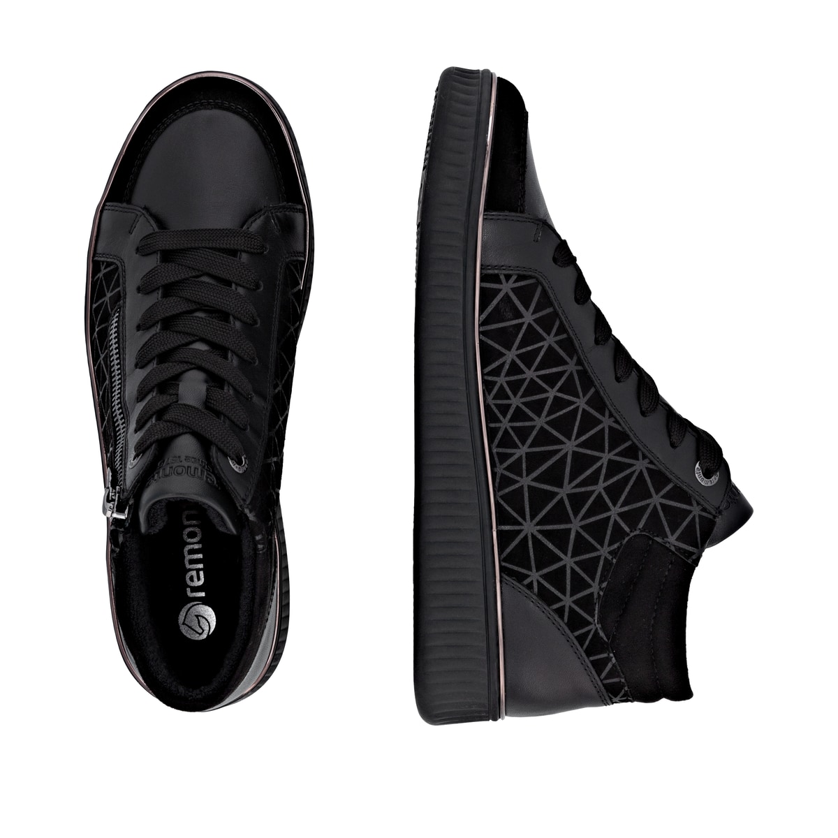 Schwarze remonte Damen Sneaker D2E70-00 mit Reißverschluss sowie Komfortweite G. Schuh von oben, liegend.