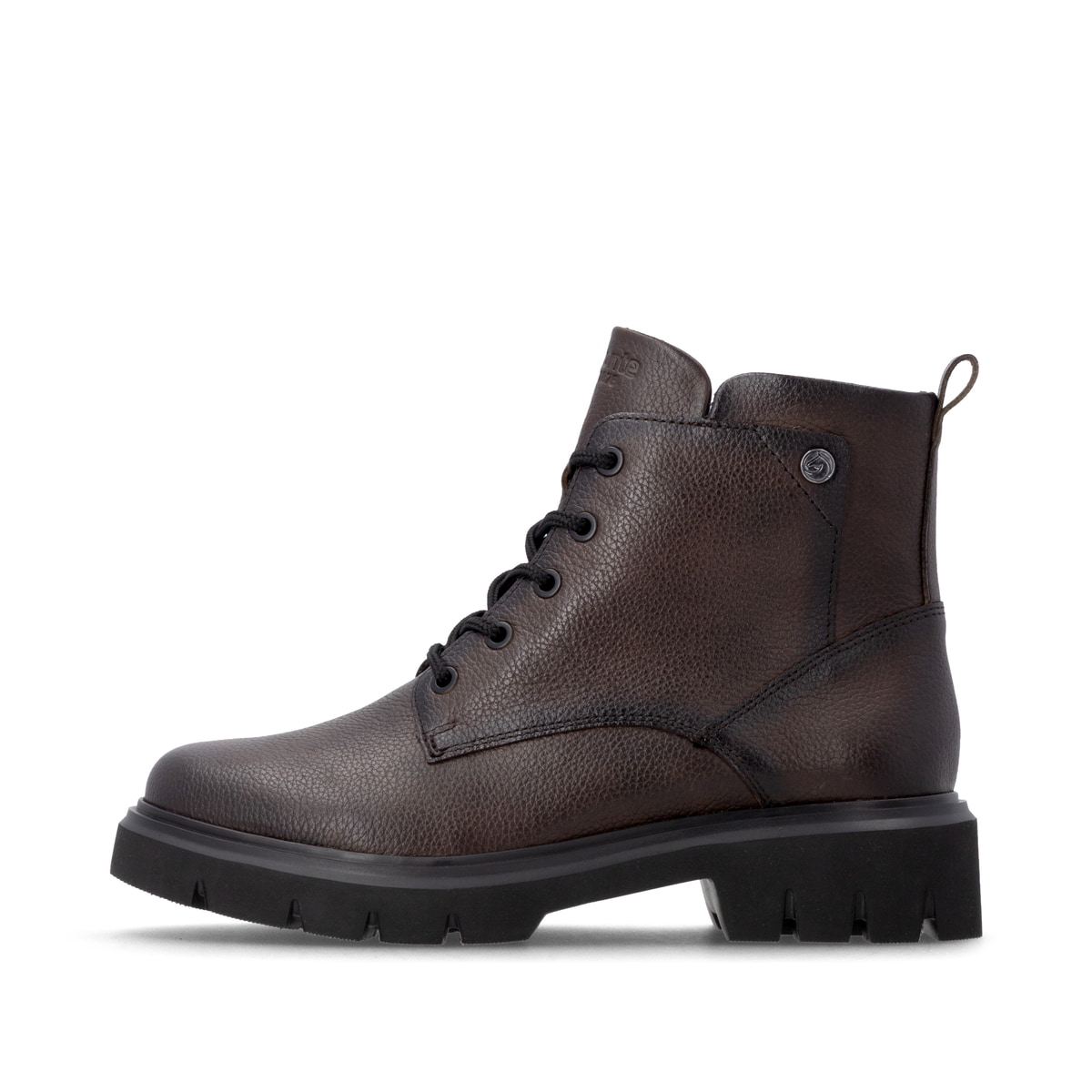 Dunkelbraune remonte Damen Schnürstiefel D1W83-25 mit einem Reißverschluss. Schuh Außenseite.
