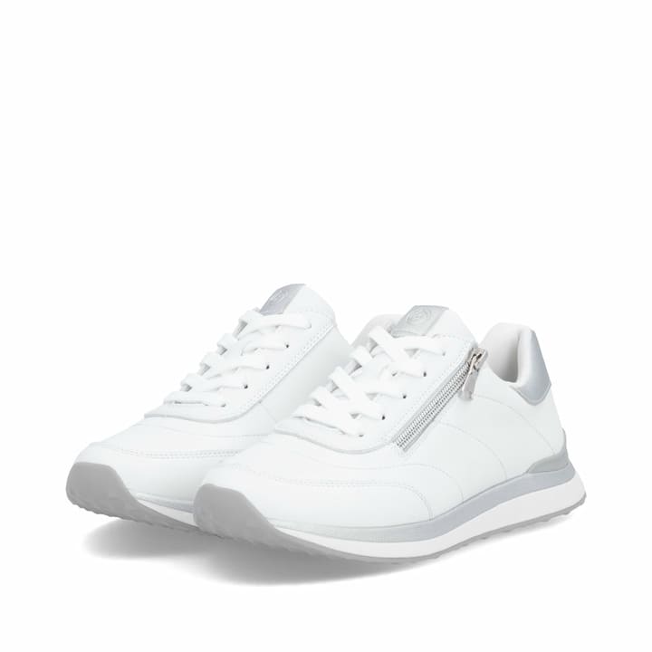Weiße remonte Damen Sneaker Low D3F00-80 mit Reißverschluss sowie Extraweite H. Schuhpaar seitlich schräg.