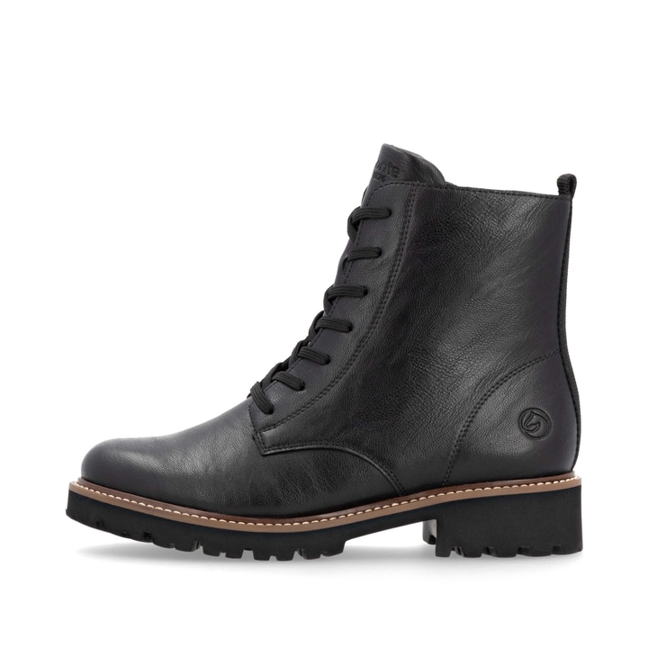 Schwarze remonte Damen Schnürstiefel D8661-00 mit einem Reißverschluss. Schuh Außenseite.