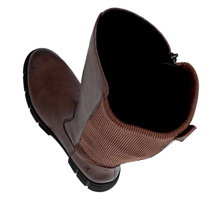 Braune remonte Hochschaftstiefel D2S74-25 mit einem Reißverschluss. Schuh von oben, liegend.