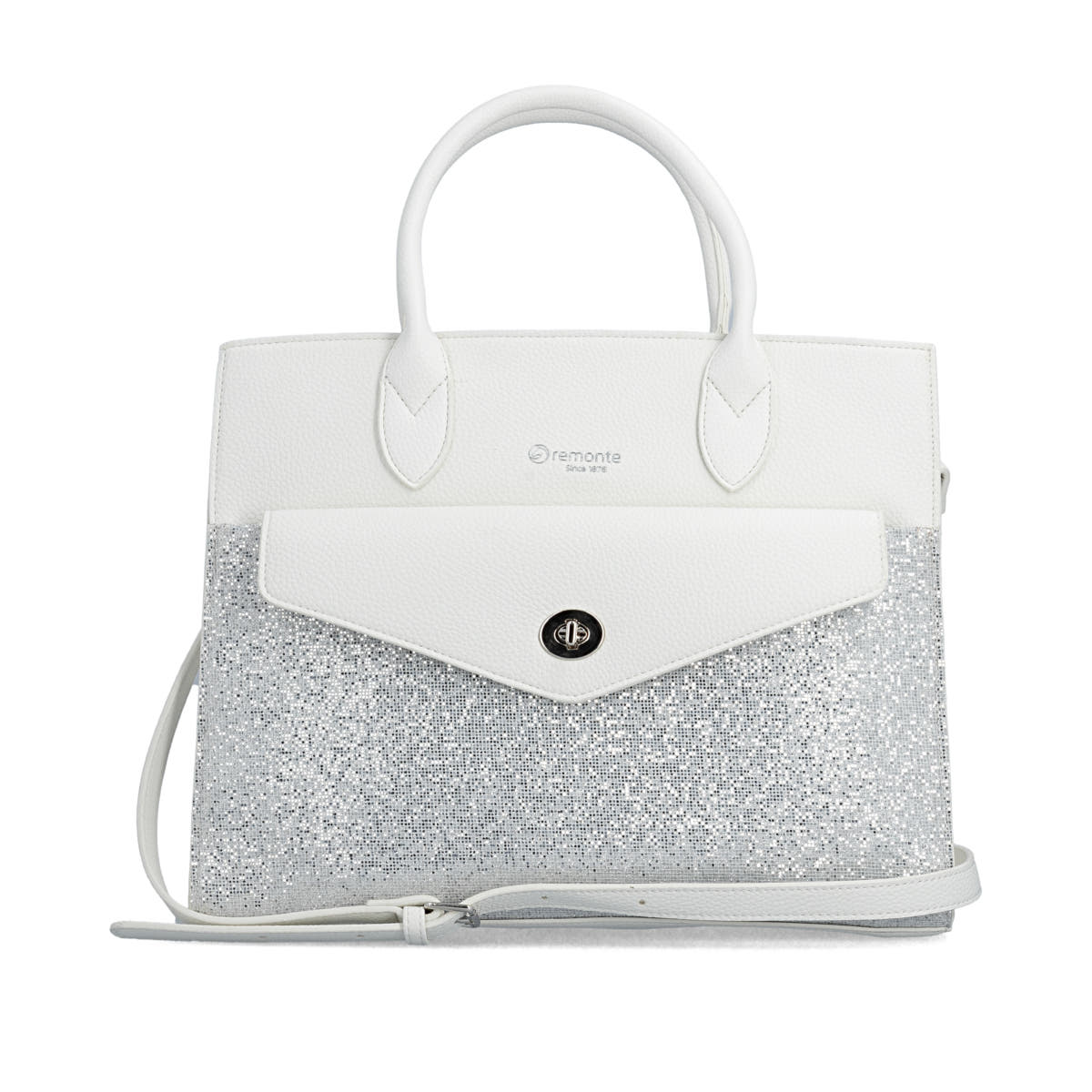 Sac à main remonte Q0765-80 blanc avec paillettes étincelantes et bretelle détachable ajustable. Devant.