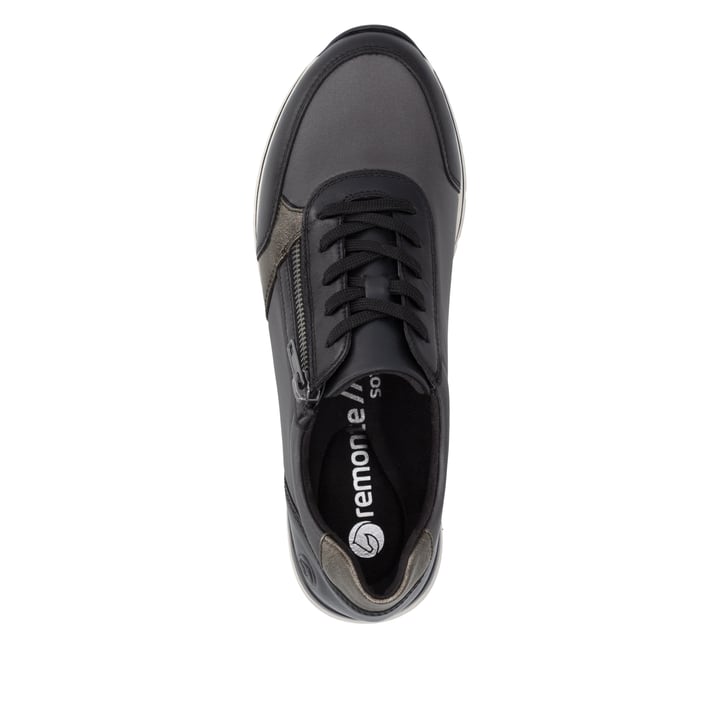 Baskets basses remonte noires pour femmes R6700-04 avec fermeture éclair. Chaussure vue de dessus.